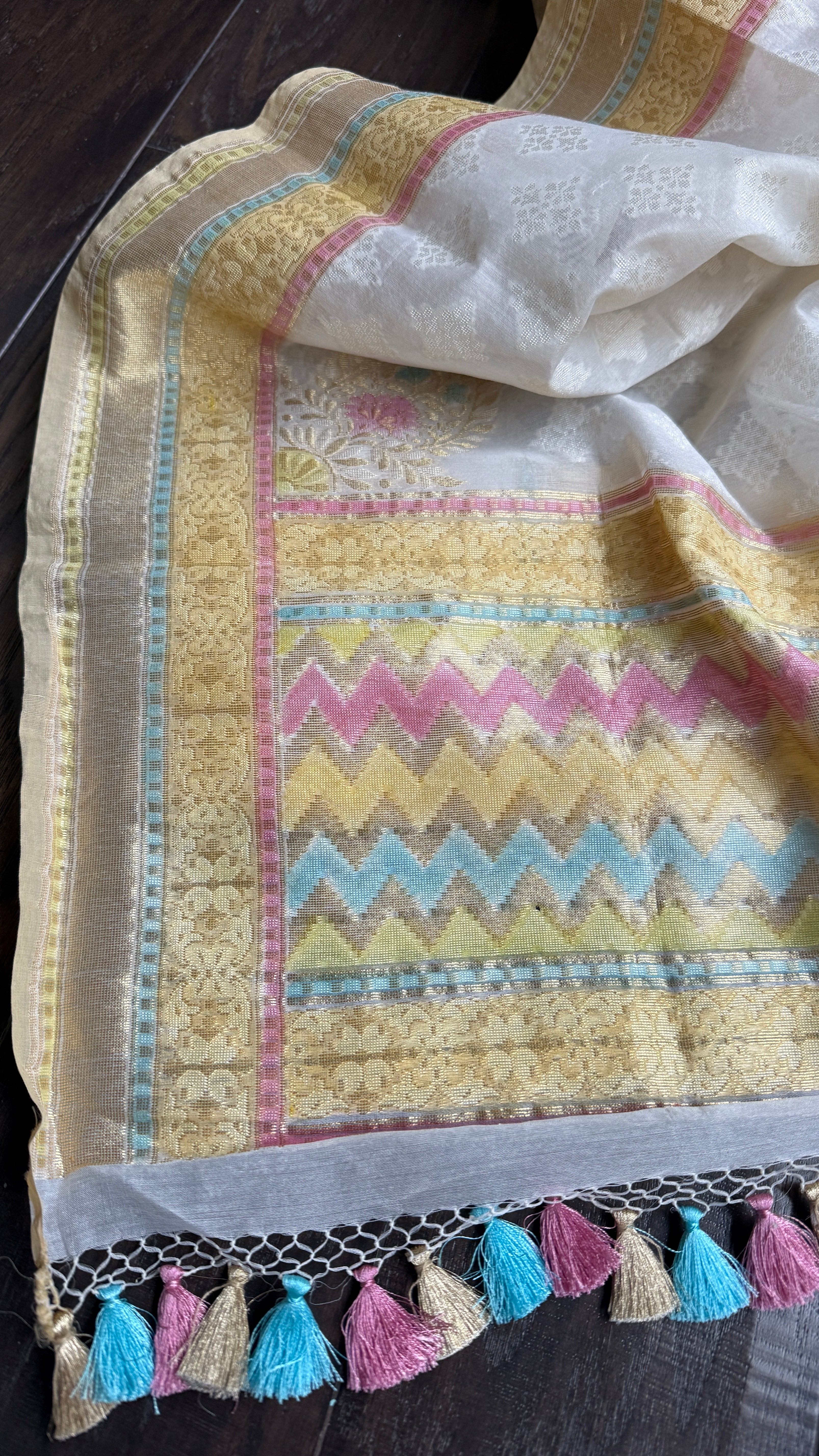 Kora Cotton Banarasi - White Woven