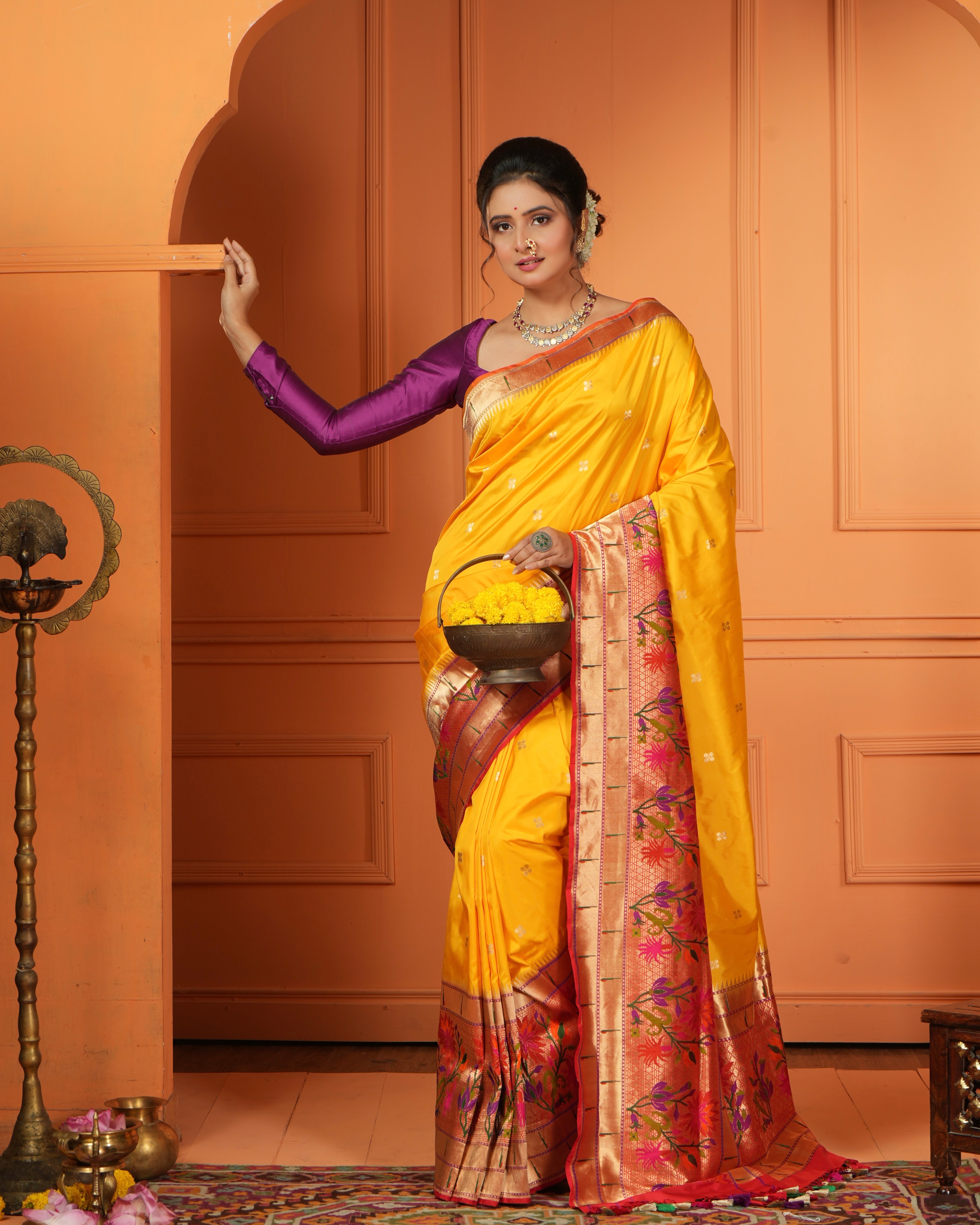 Pure Silk Paithani Banarasi- Yellow Red