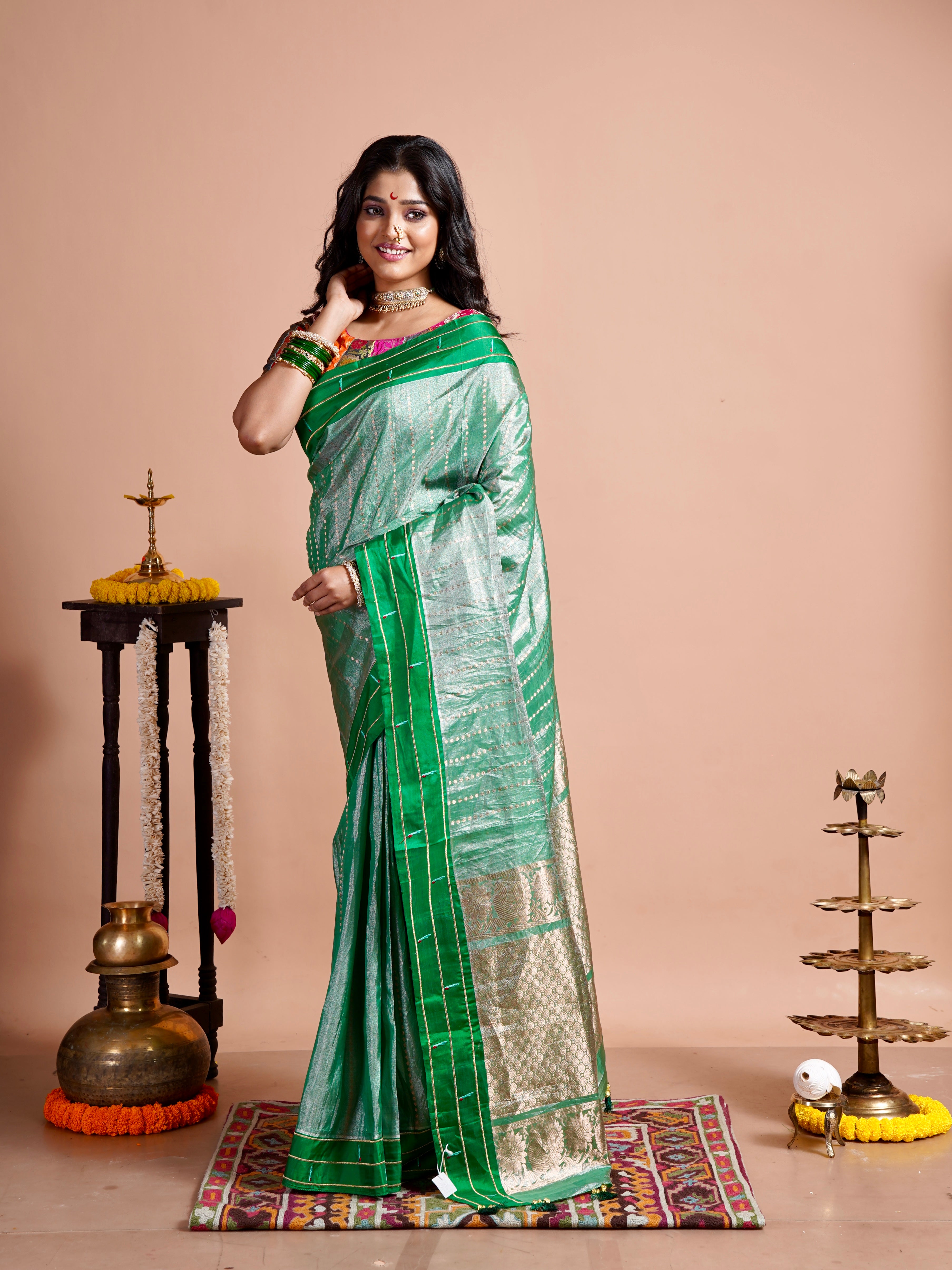 Pure Tissue Silk Paithani Double Munia - Green Woven