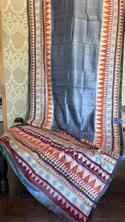 Pure Tussar Silk Kantha Stitch -  Grey Multi Color