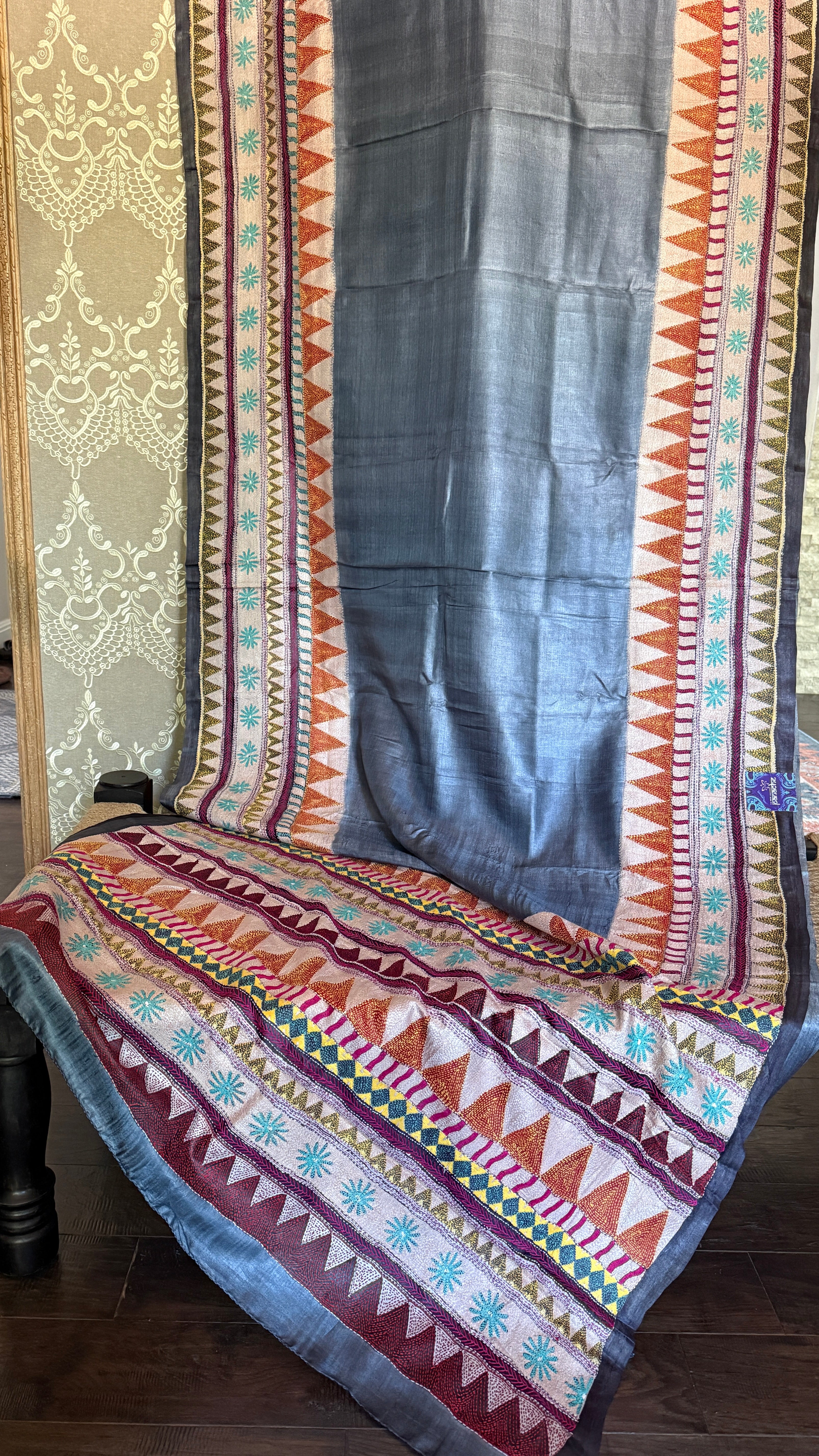 Pure Tussar Silk Kantha Stitch -  Grey Multi Color