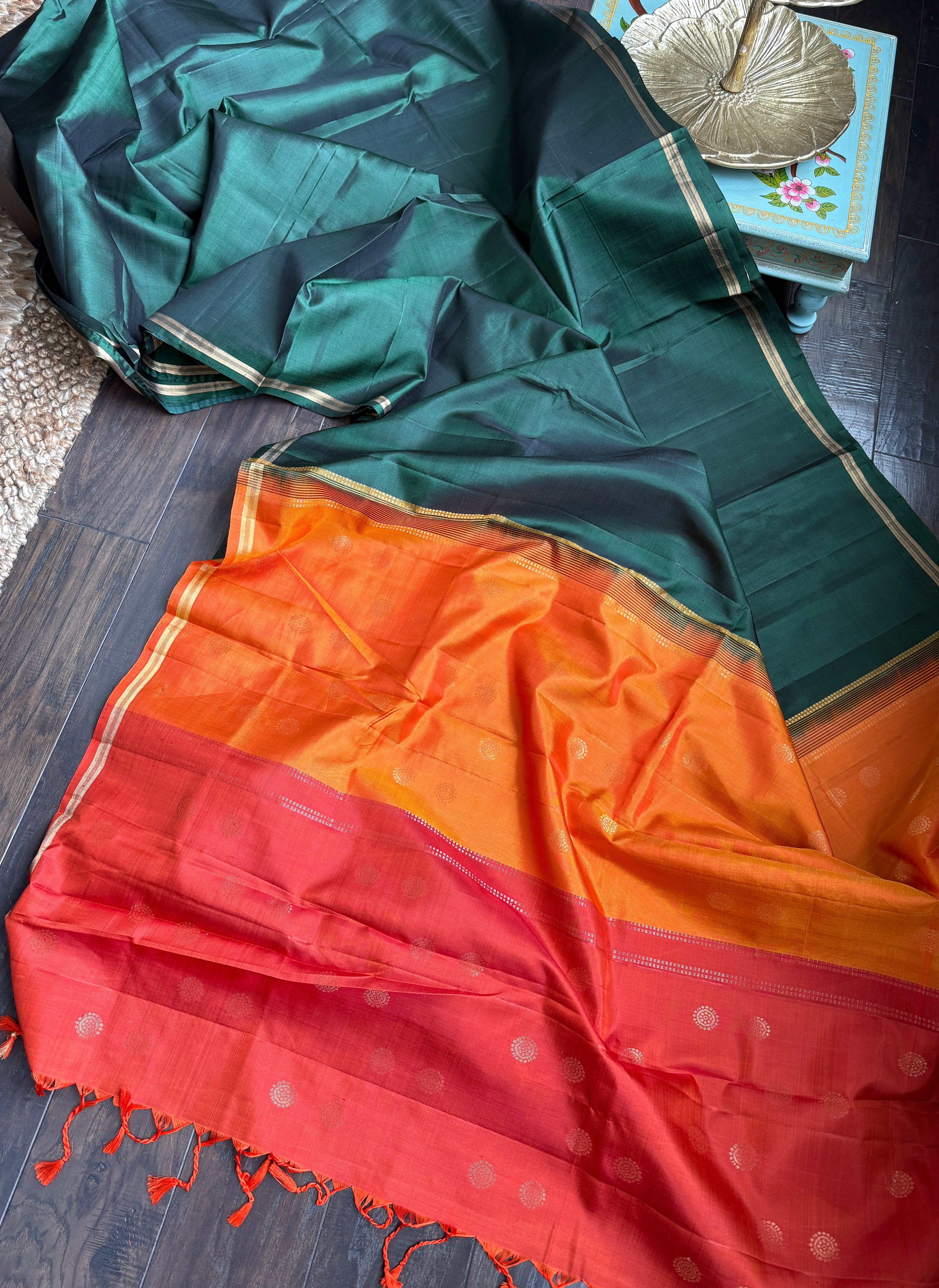 Pure Silk Kanjivaram - Green Orange