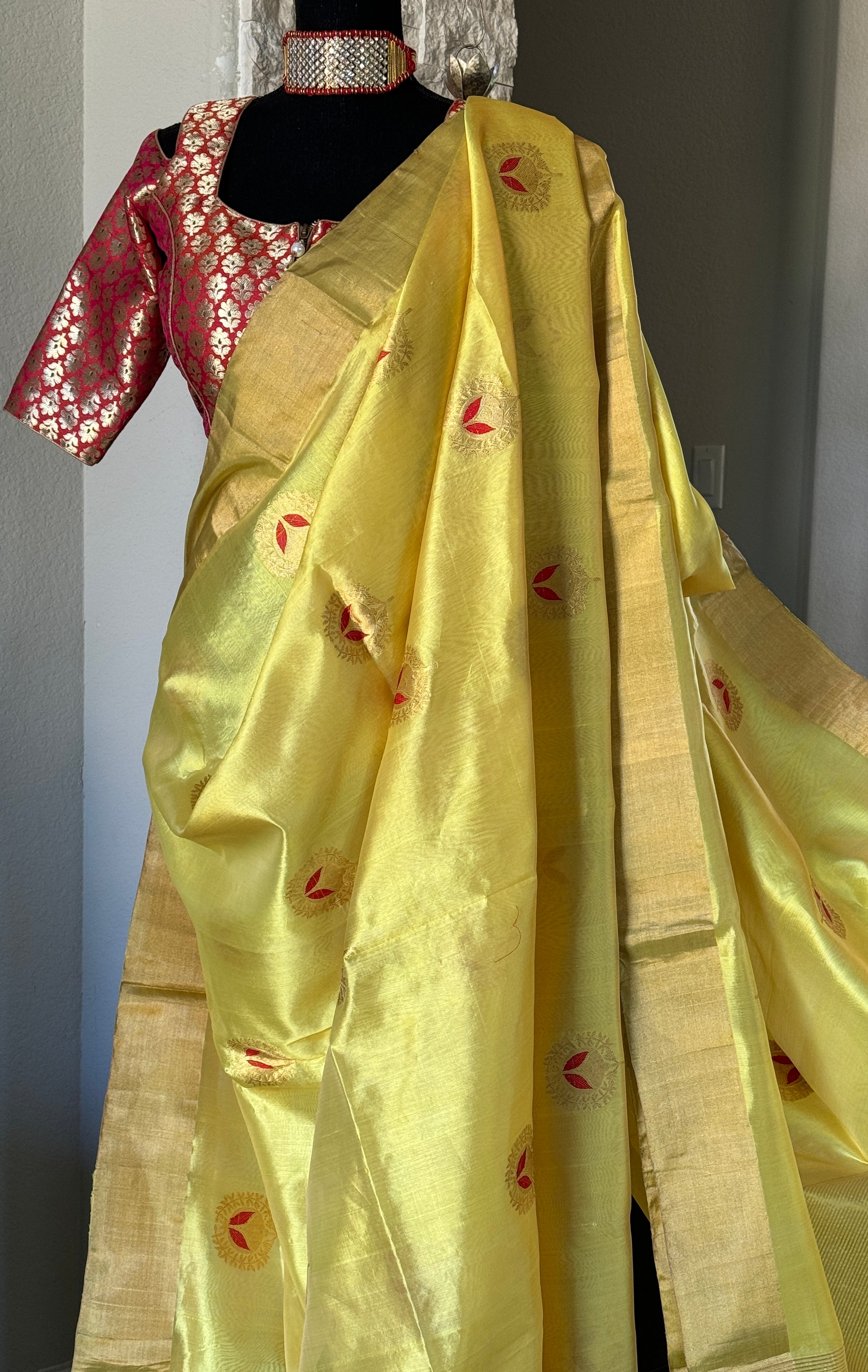 Pure Chanderi Silk - Yellow Red Eknaliya Woven