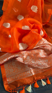 Kora Silk Banarasi - Fanta Orange