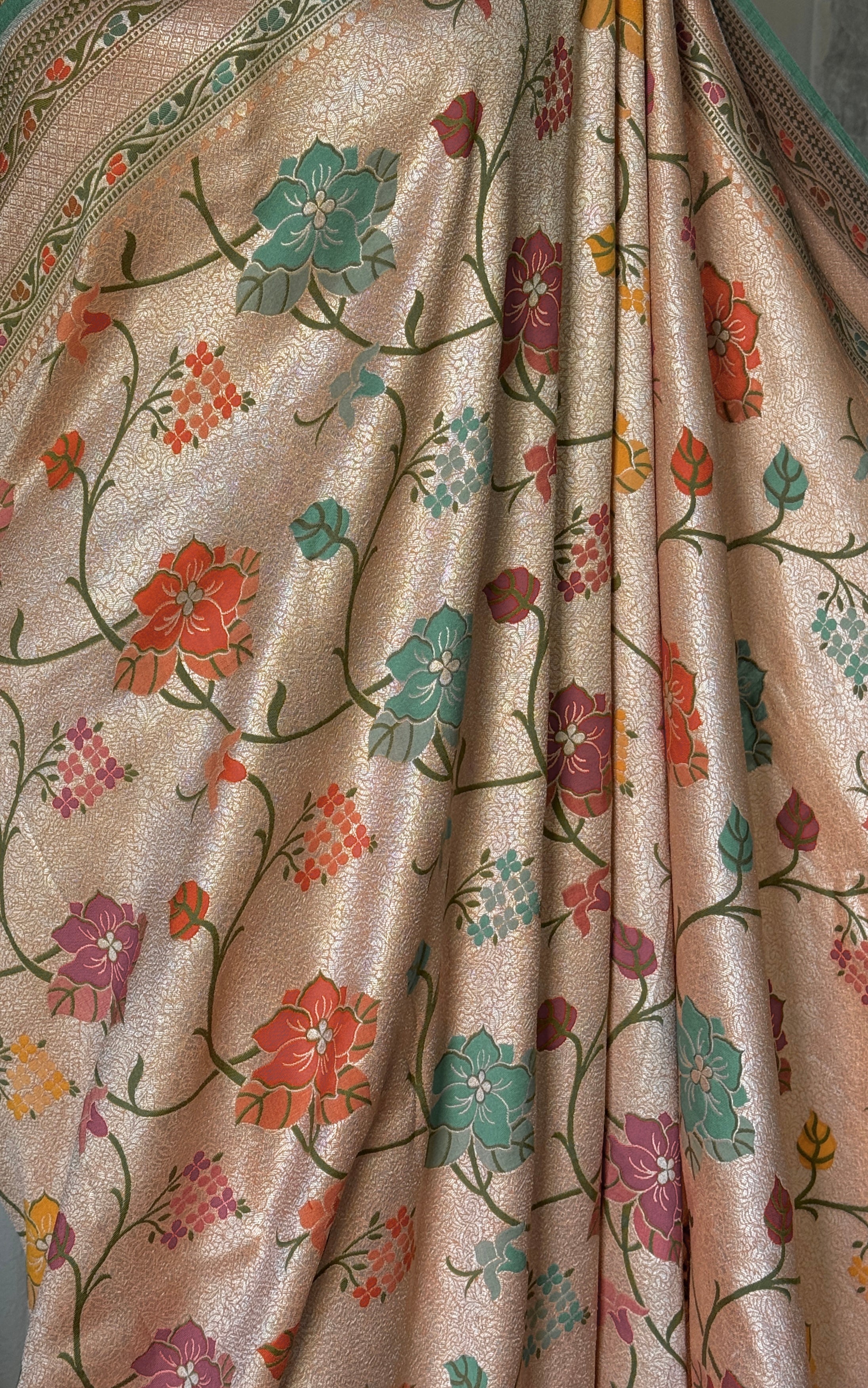 Khaddi Tussar Banarasi -  Peach Sea Green Meenakari