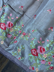 Designer Tussar Silk - Grey Mauve Embroidered