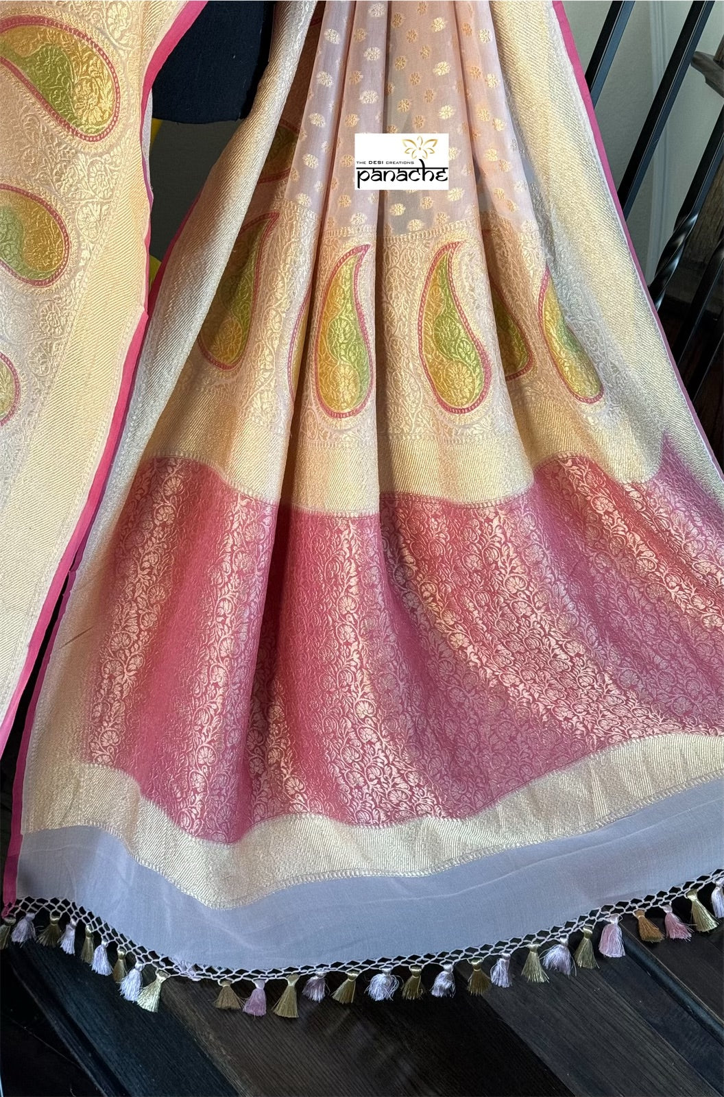 Khaddi Georgette Banarasi - Pink Hand Painted Meenakari