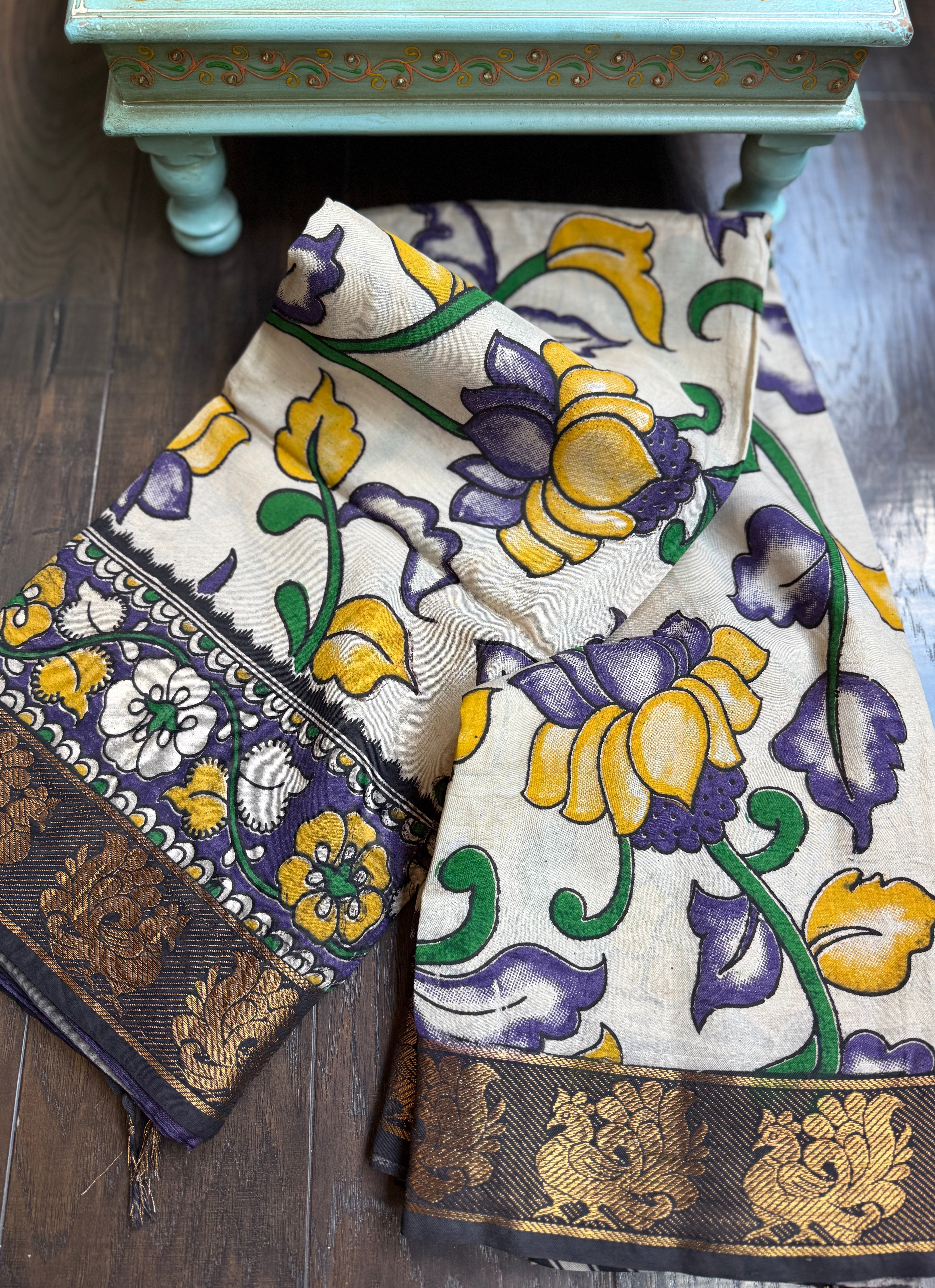Chinori Silk Kalamkari  - Purple Yellow Lotus