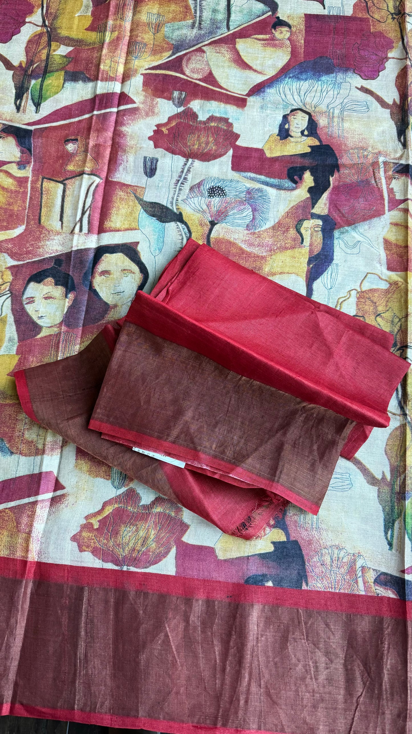 Pure Tussar Silk - Beige Red Printed
