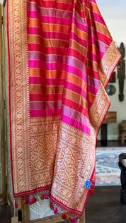 Pure Silk Rangkat Banarasi - Pink Red Multi shaded Kadwa