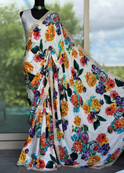 Designer Crepe Satin - White Multi Color