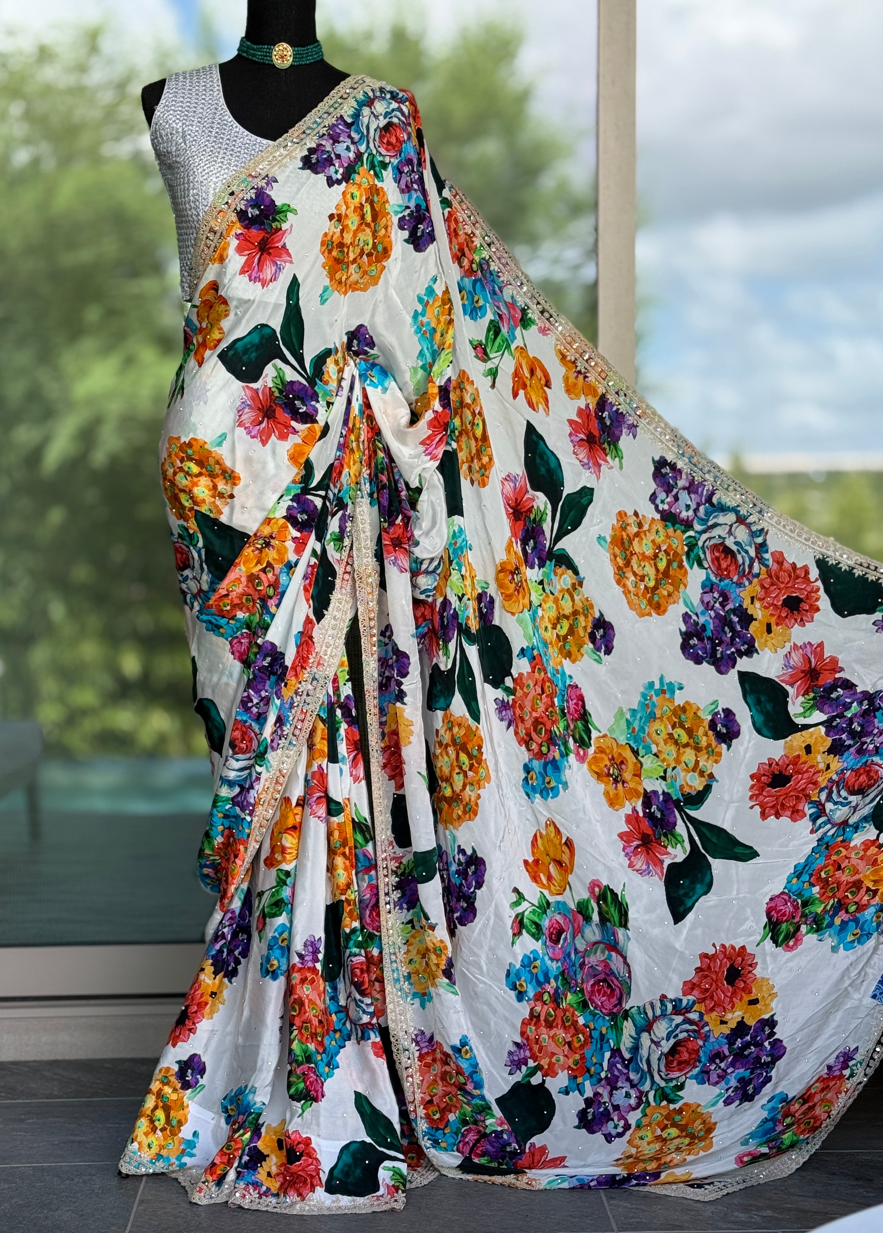 Designer Crepe Satin - White Multi Color