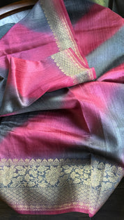 Tussar Silk Banarasi Shaded - Grey Raspberry Pink Antique Golden Zari
