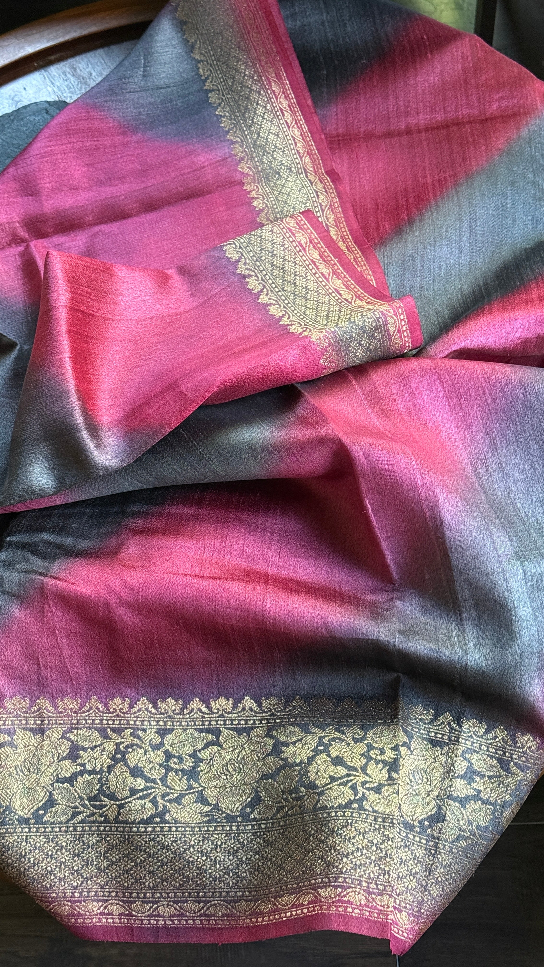Tussar Silk Banarasi Shaded - Grey Raspberry Pink Antique Golden Zari