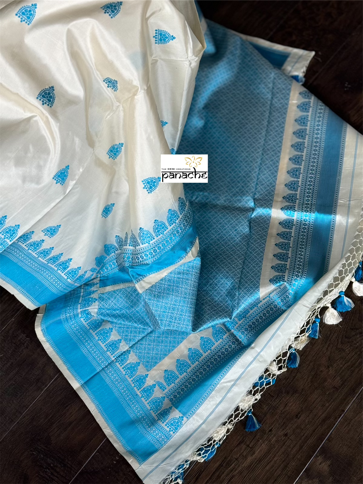 Pure Silk Katan Banarasi- Cream Firozi