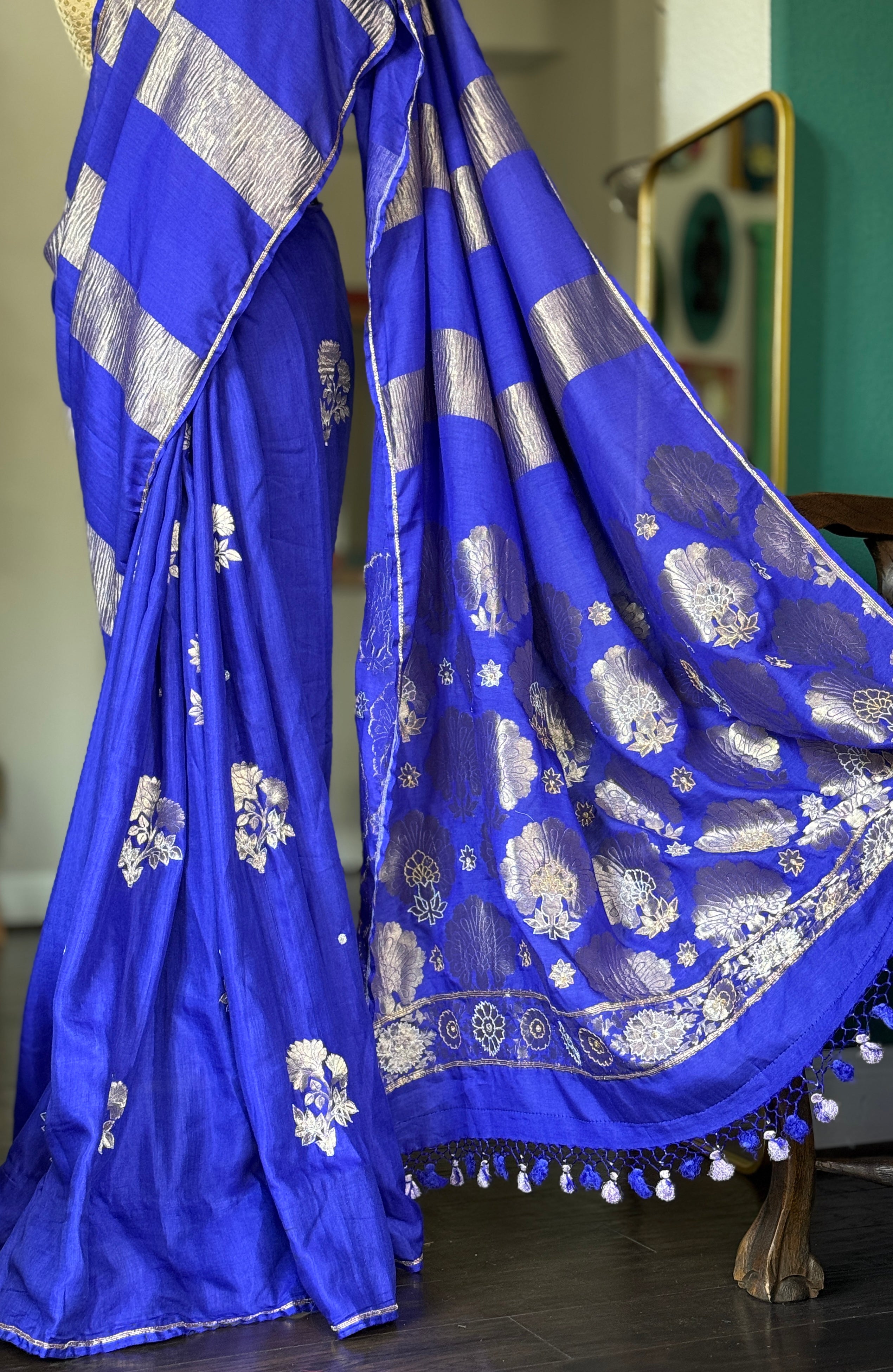 Designer Muga Chiffon Banarasi - Purple Blue Hand Zardozi Embroiderd