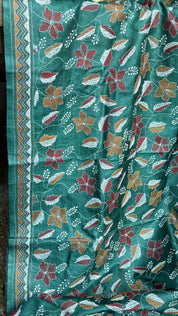 Pure Tussar Silk Kantha Stitch -  Dark Green Multi Color