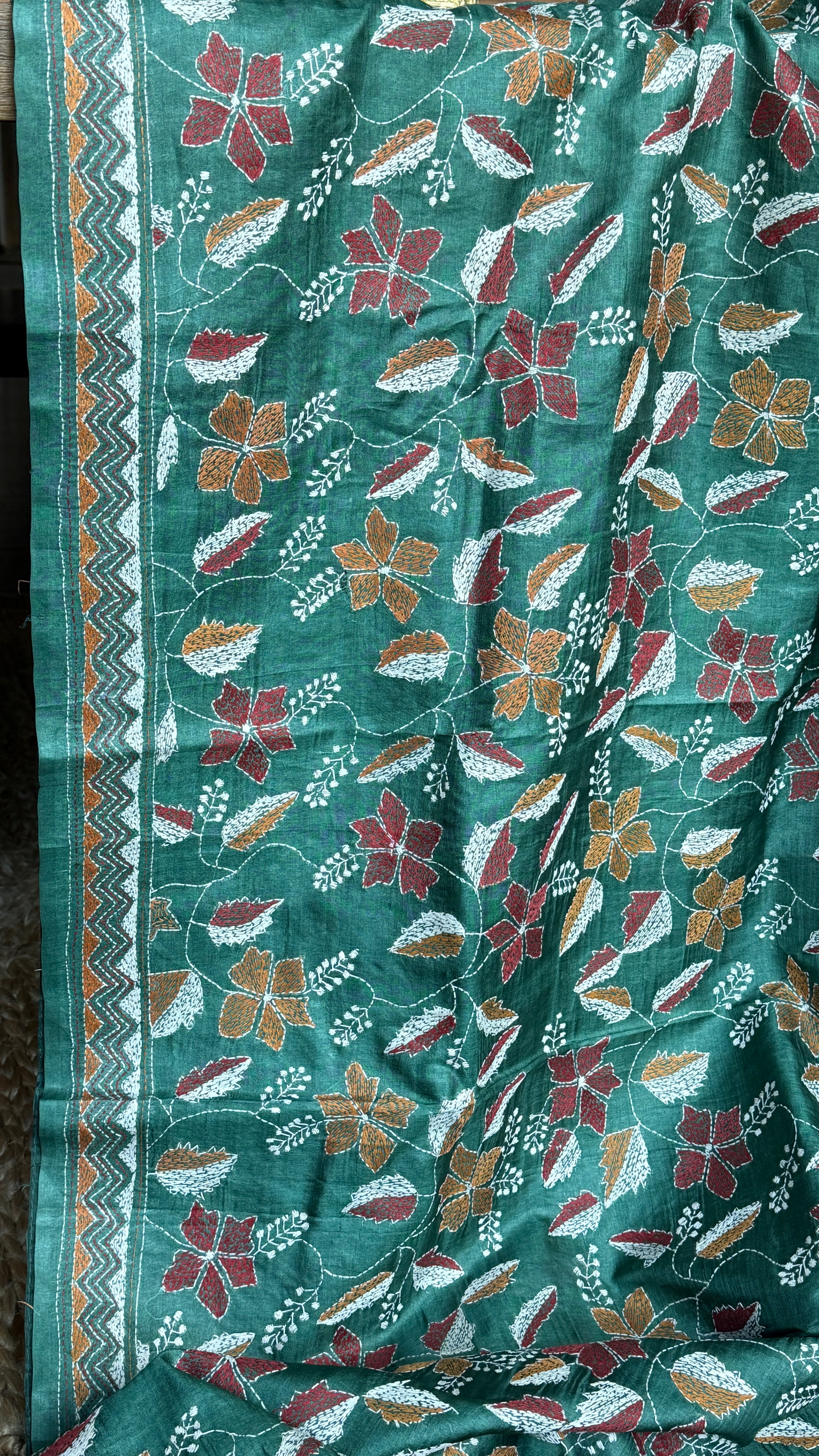 Pure Tussar Silk Kantha Stitch -  Dark Green Multi Color