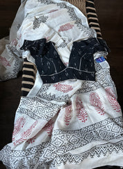 Linen Printed - Off-White Silver Zari