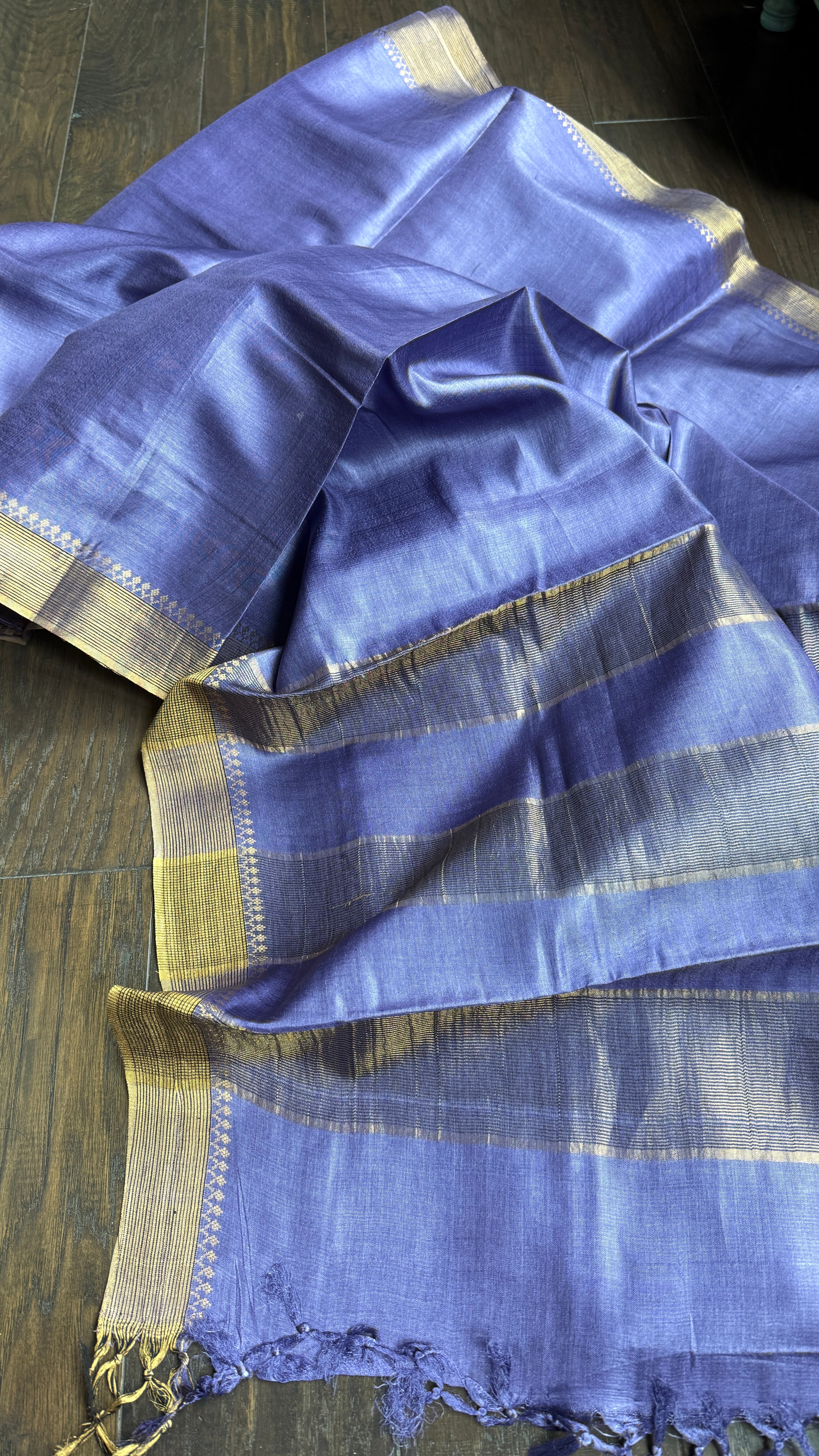 Handwoven Tussar Silk - Blue Violet Golden Zari