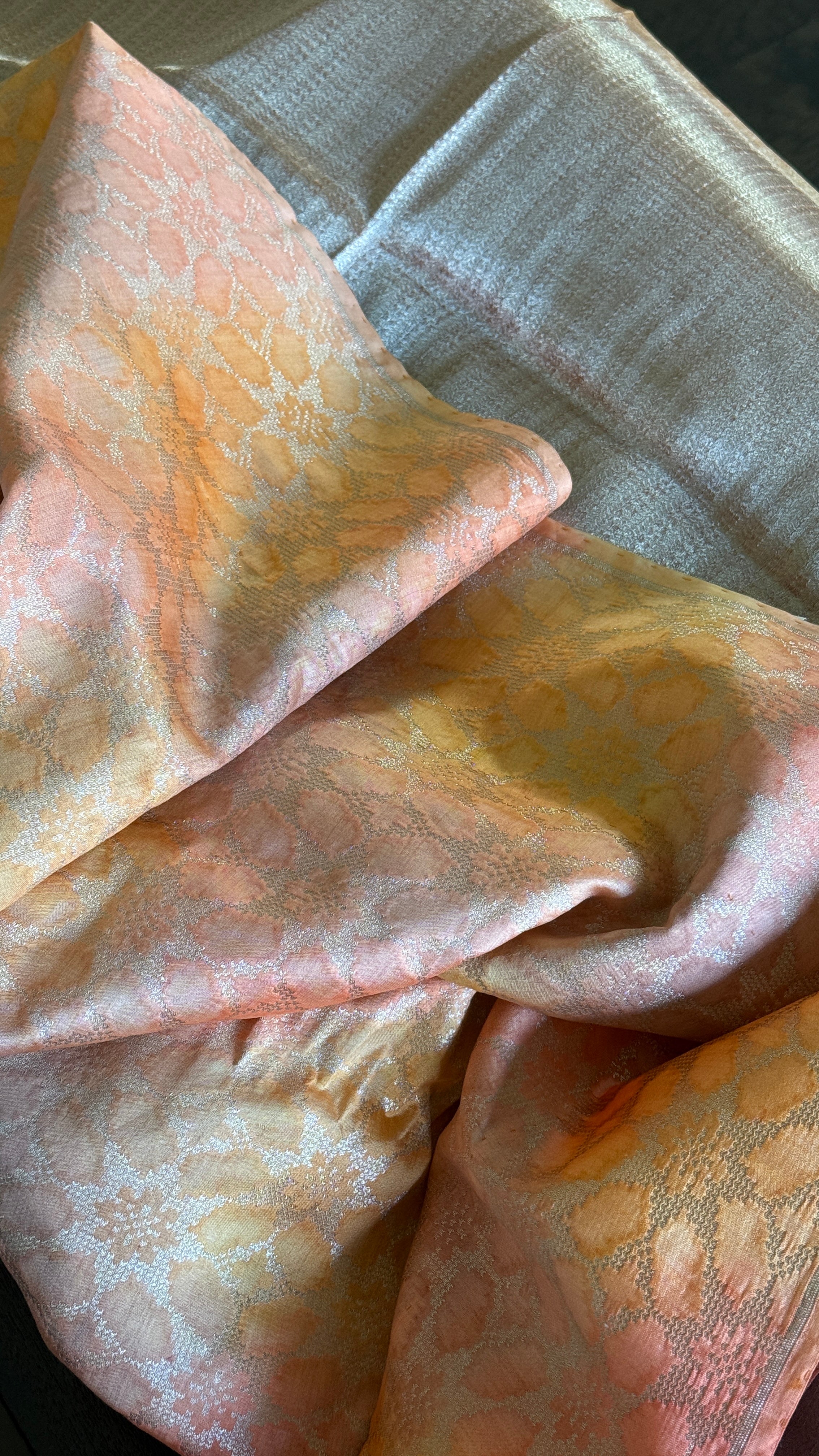 Designer Soft Silk Brocade Banarasi - Peach Pink Golden Tie-Dye