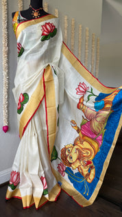 Hand Painted Tussar Silk - Cream White Ganesha