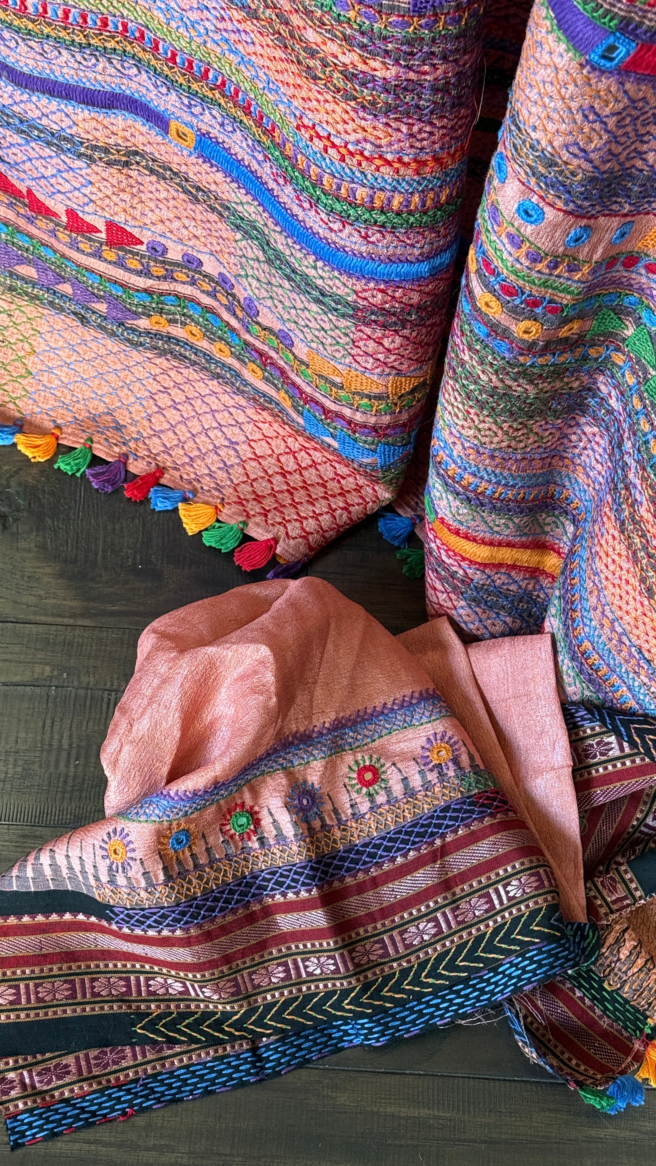 Pure Vidarbha Tussar Lambani - Peach Hand Embroidered