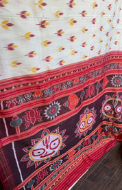 Pure Silk Sambalpuri Double ikat  - Cream Red Orange