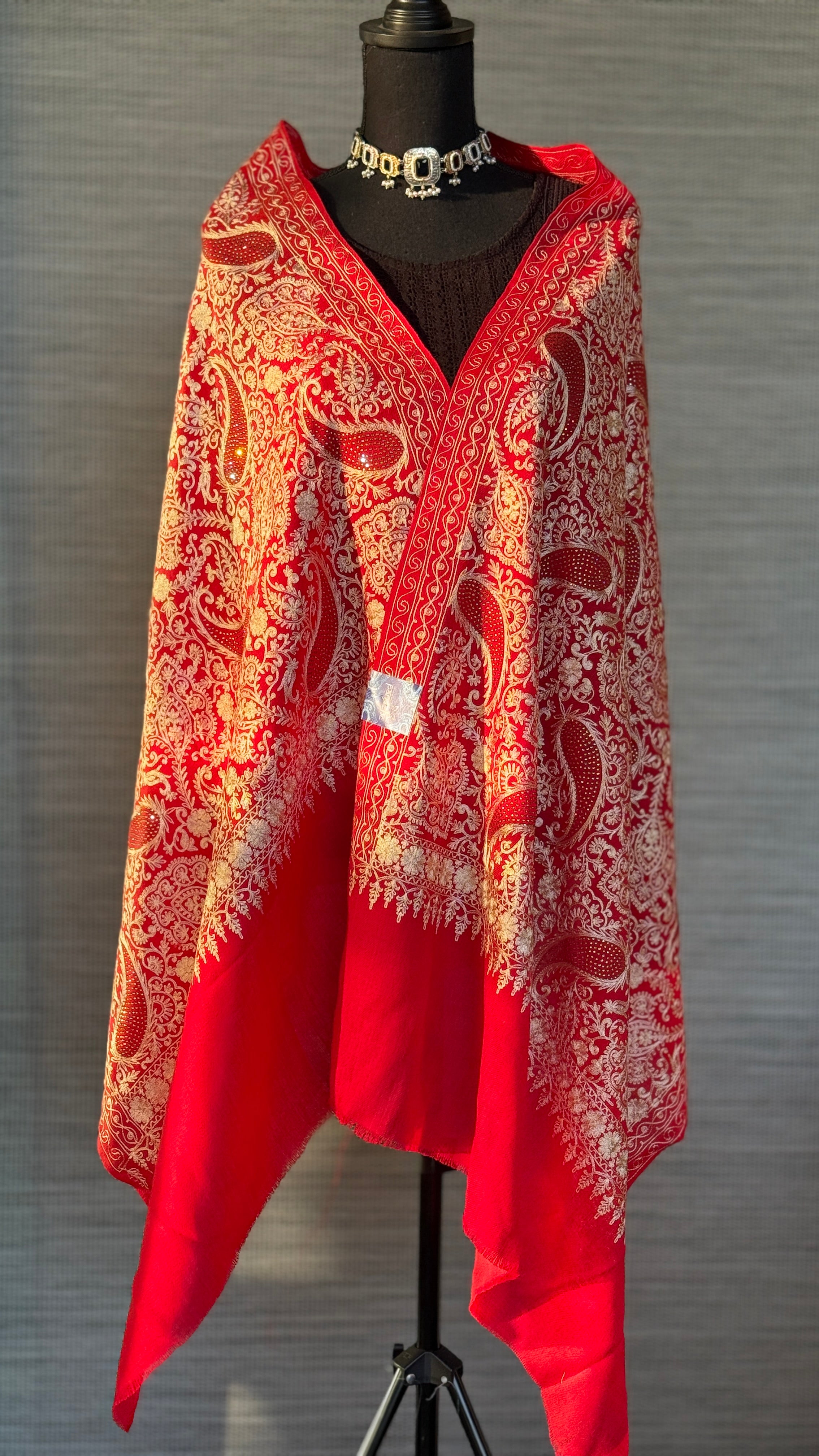 Kashmiri Pashmina Fine Wool Stole - Red Resham Stone Aariwork