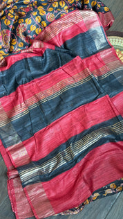 Soft Gicha Silk Printed - Black Red Yellow Kalamkari