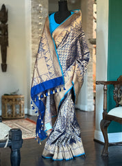 Brocade Pure Silk Banarasi - Blue Antique Golden Zari