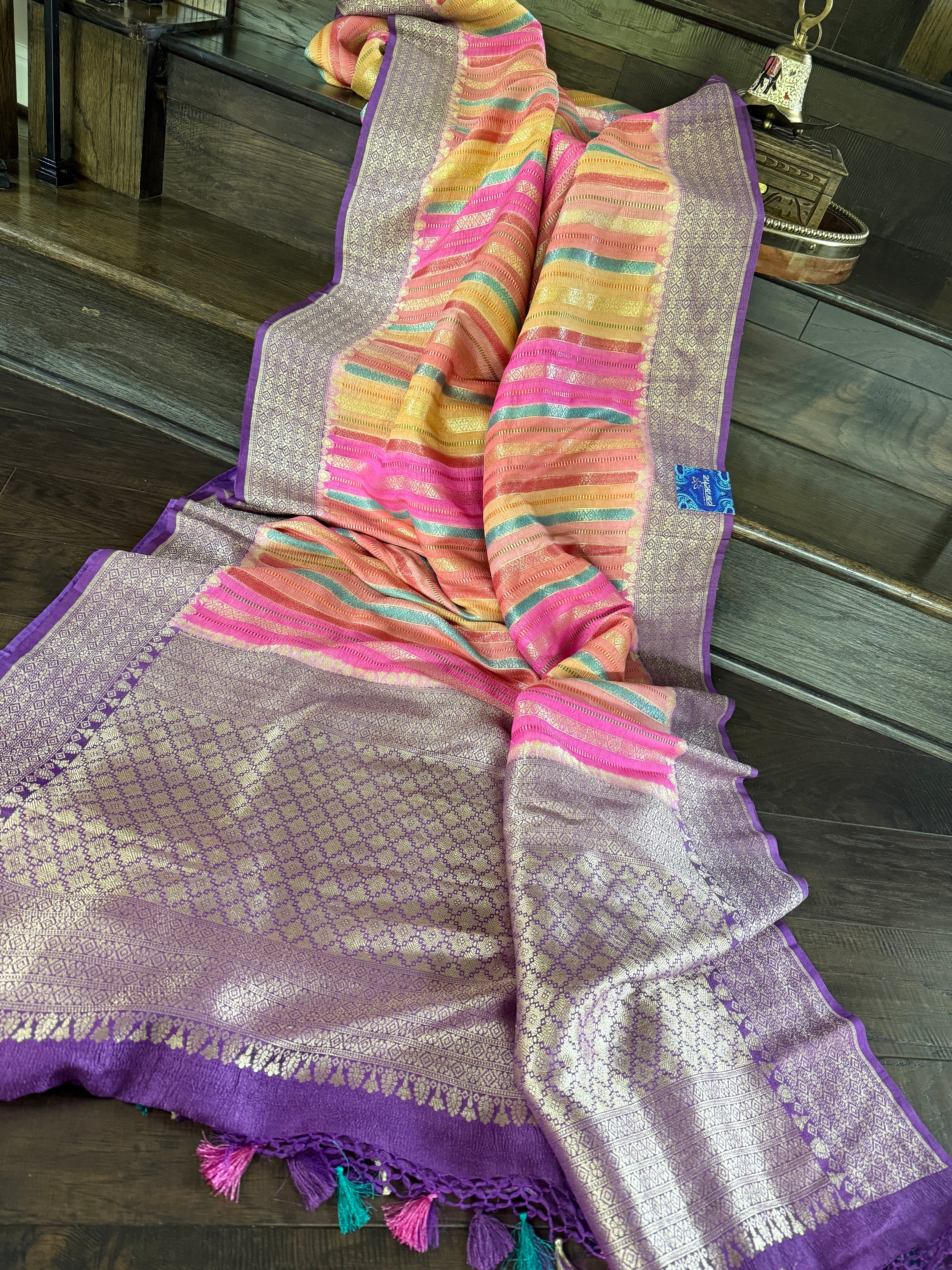 Khaddi Tussar Banarasi -  Pink Multi color Purple