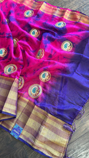 Soft Dupion Tie-Dye Saree - Pink Blue