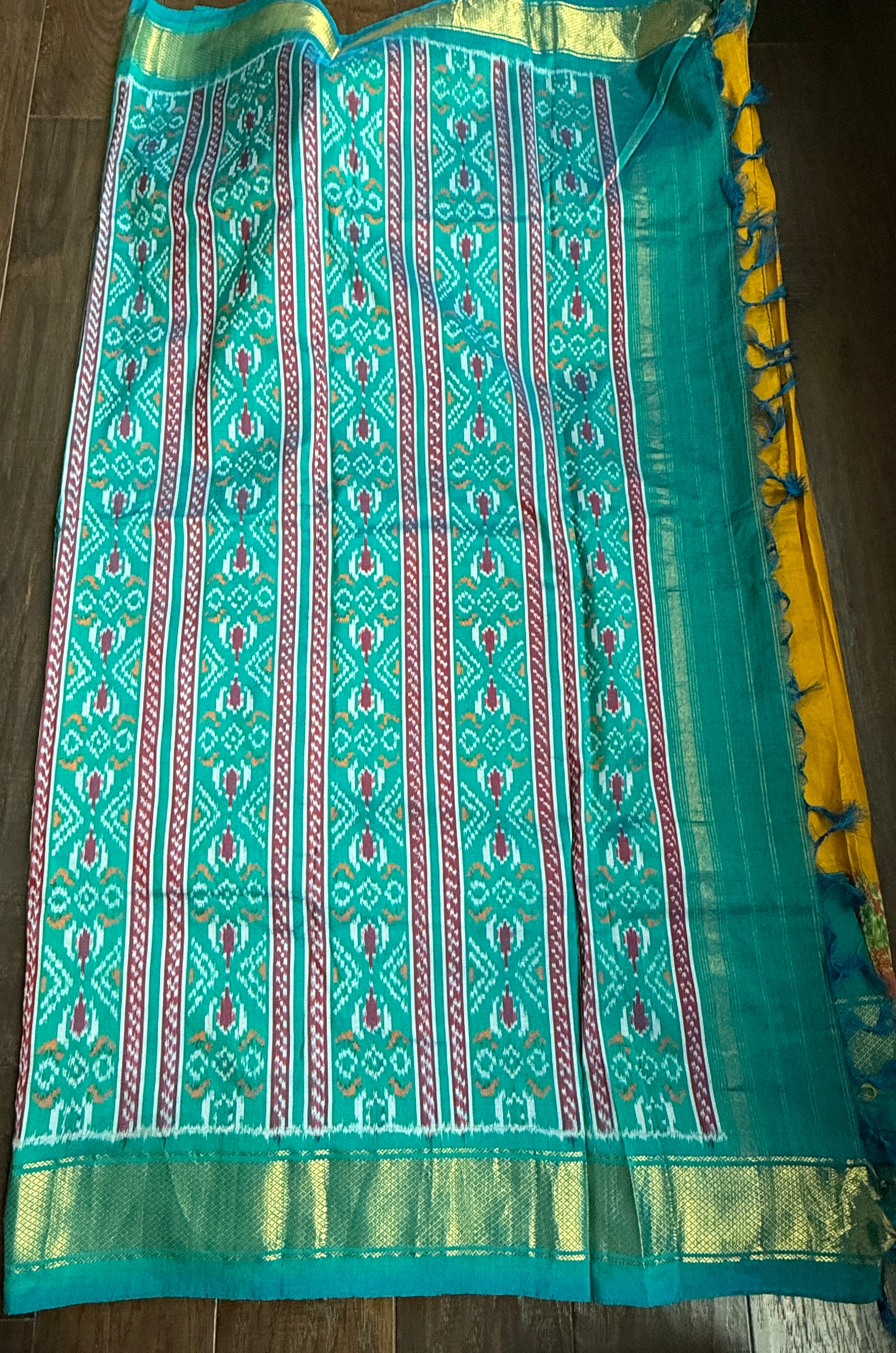 Pure Silk Ikat - Yellow Firozi Pochampally