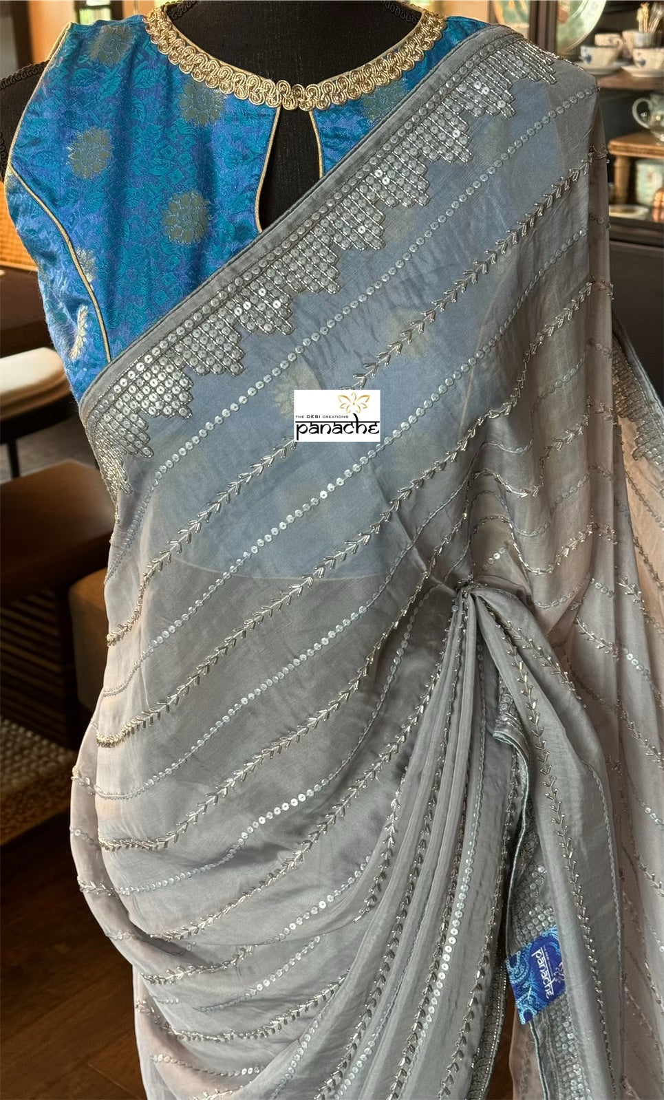 Designer Georgette Organza- Grey Hand Embroidered