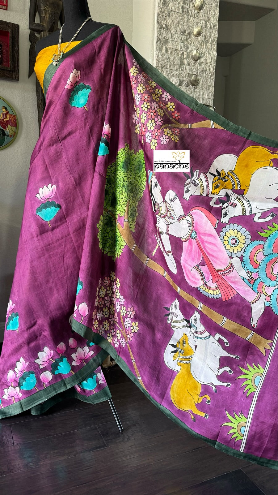 Hand Painted Tussar Silk - Purple Pichwai