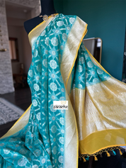 Khaddi Georgette Banarasi - Sea Green Yellow