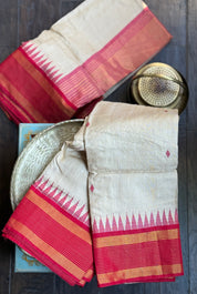 Pure Tussar Silk - Beige Red Zari Stripes