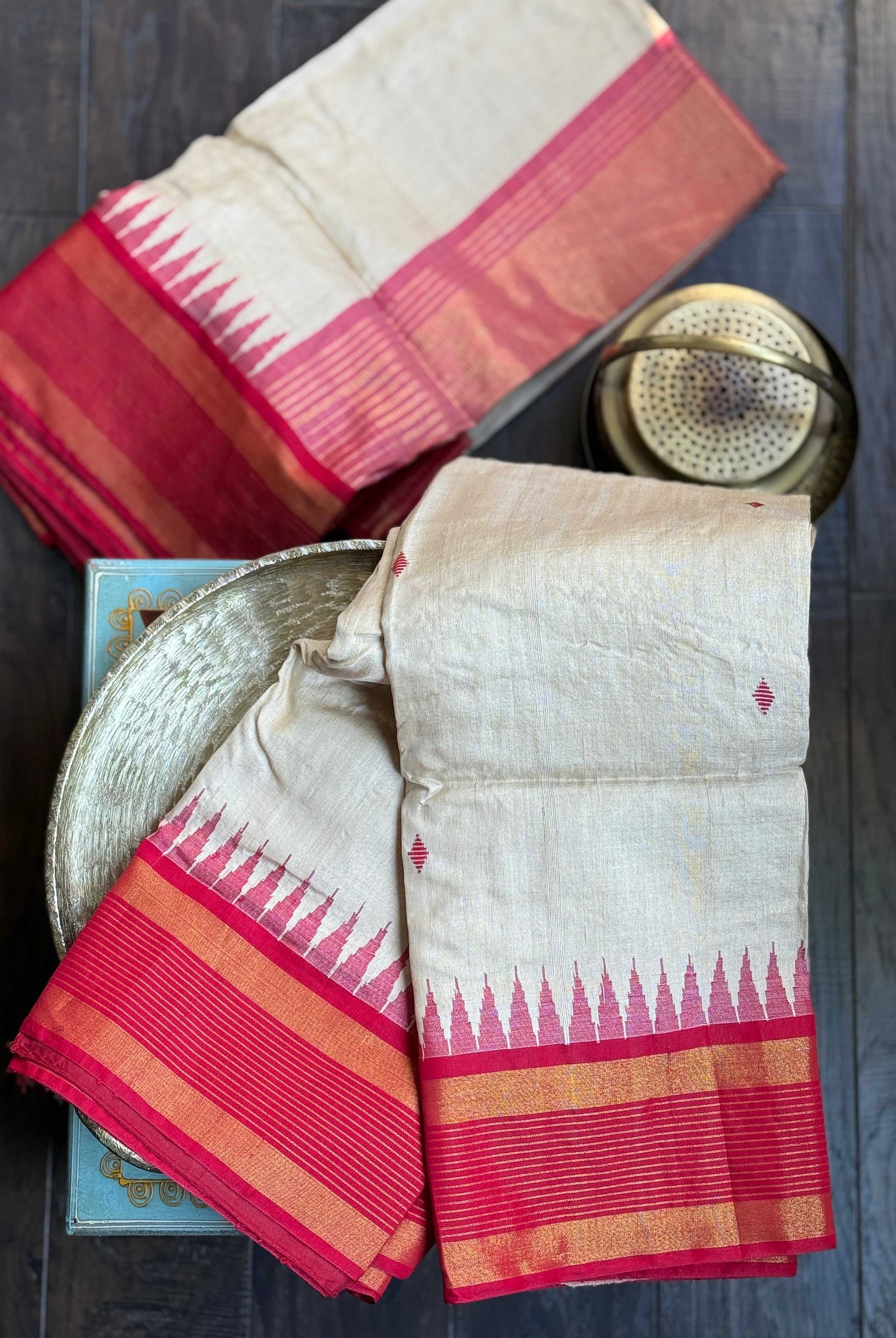 Pure Tussar Silk - Beige Red Zari Stripes