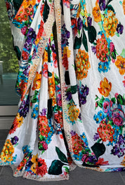 Designer Crepe Satin - White Multi Color