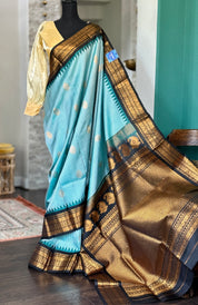 Pure Silk Gadwal - Aqua Sea Blue Black