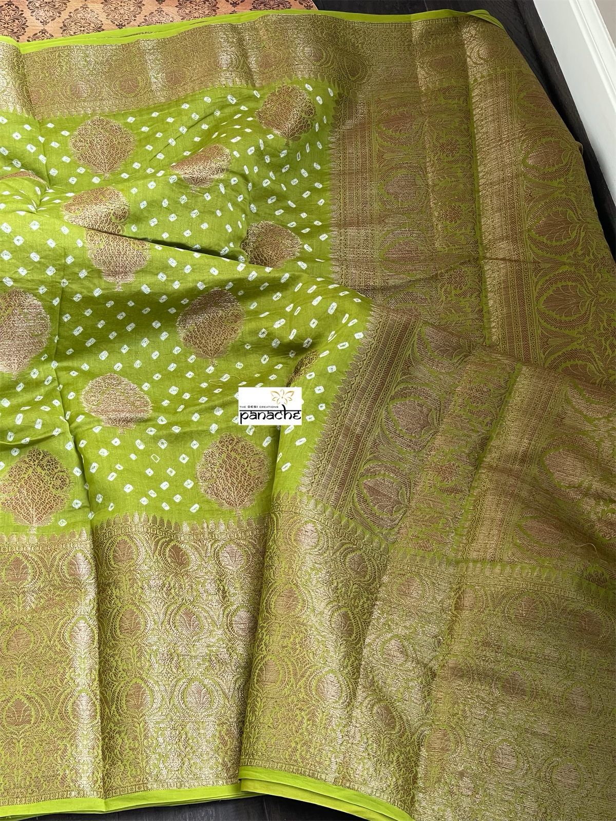 Silk Cotton Bandhani Banaras Chanderi - Green Gold Zari