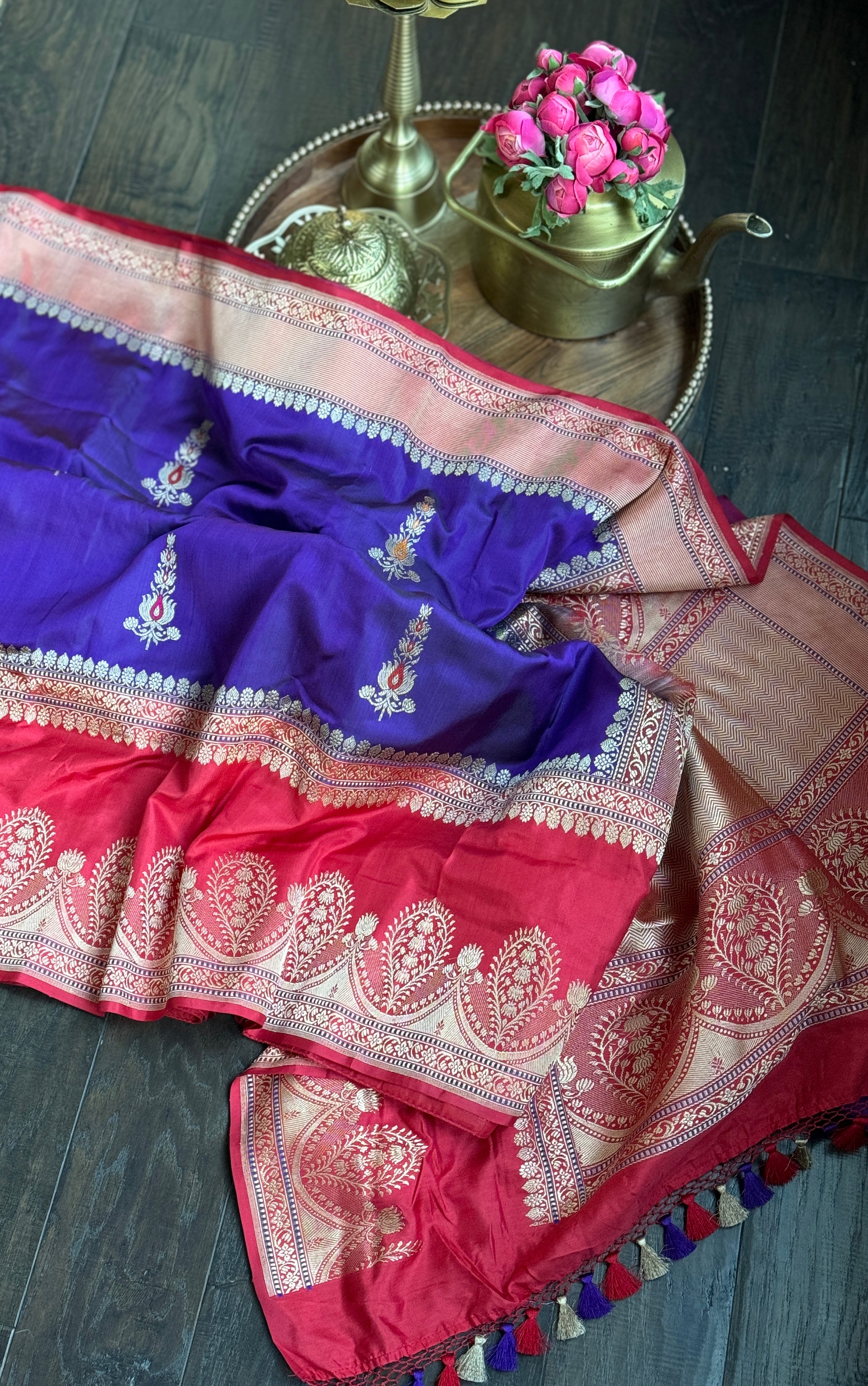 Pure Silk Katan Banarasi- Ourple Red Blue Kadhua