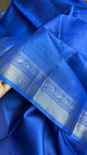 Handwoven Tussar Silk - Royal Blue Green Golden Zari