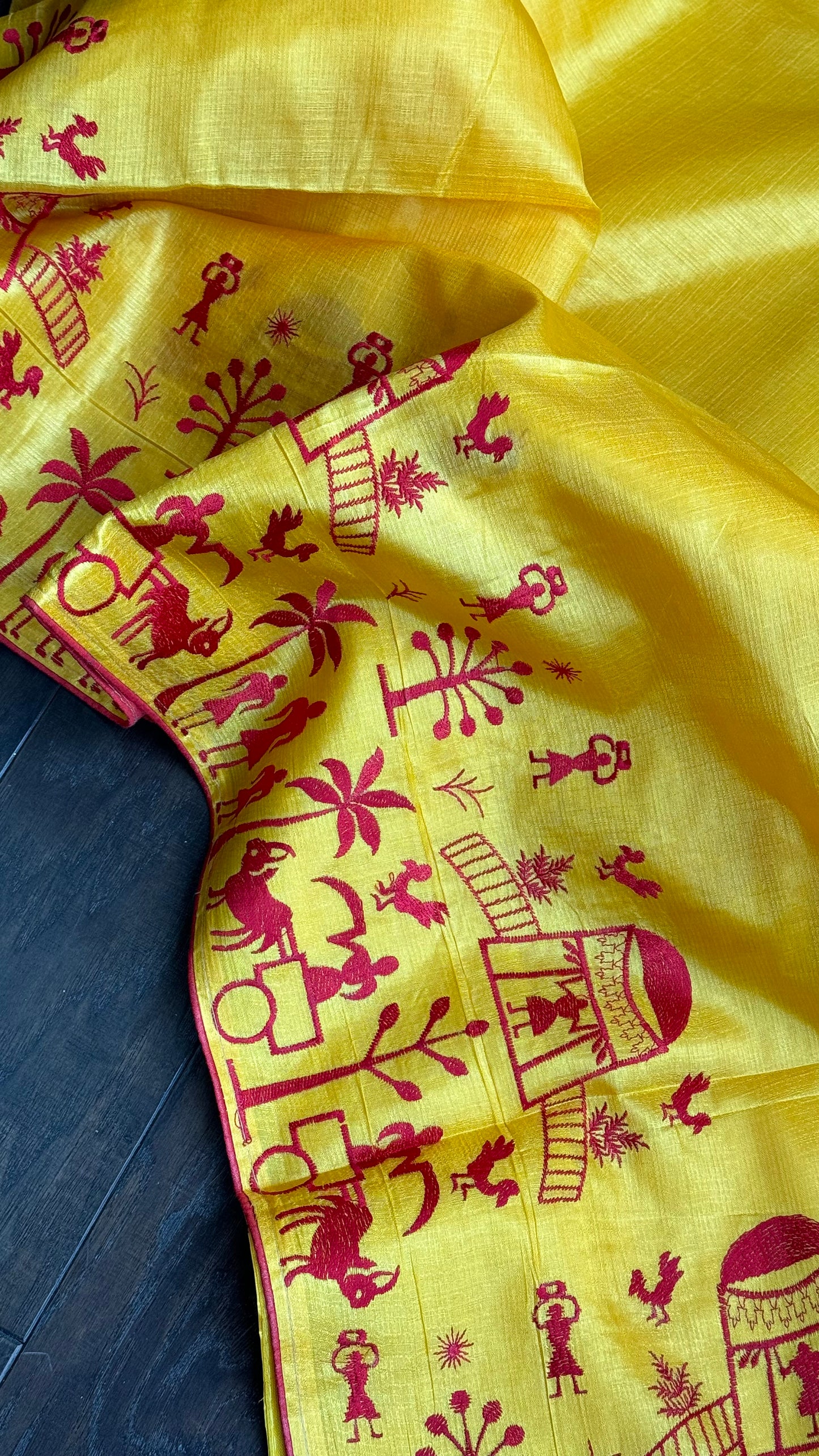 Tussar Silk - Yellow Worli Embroidered