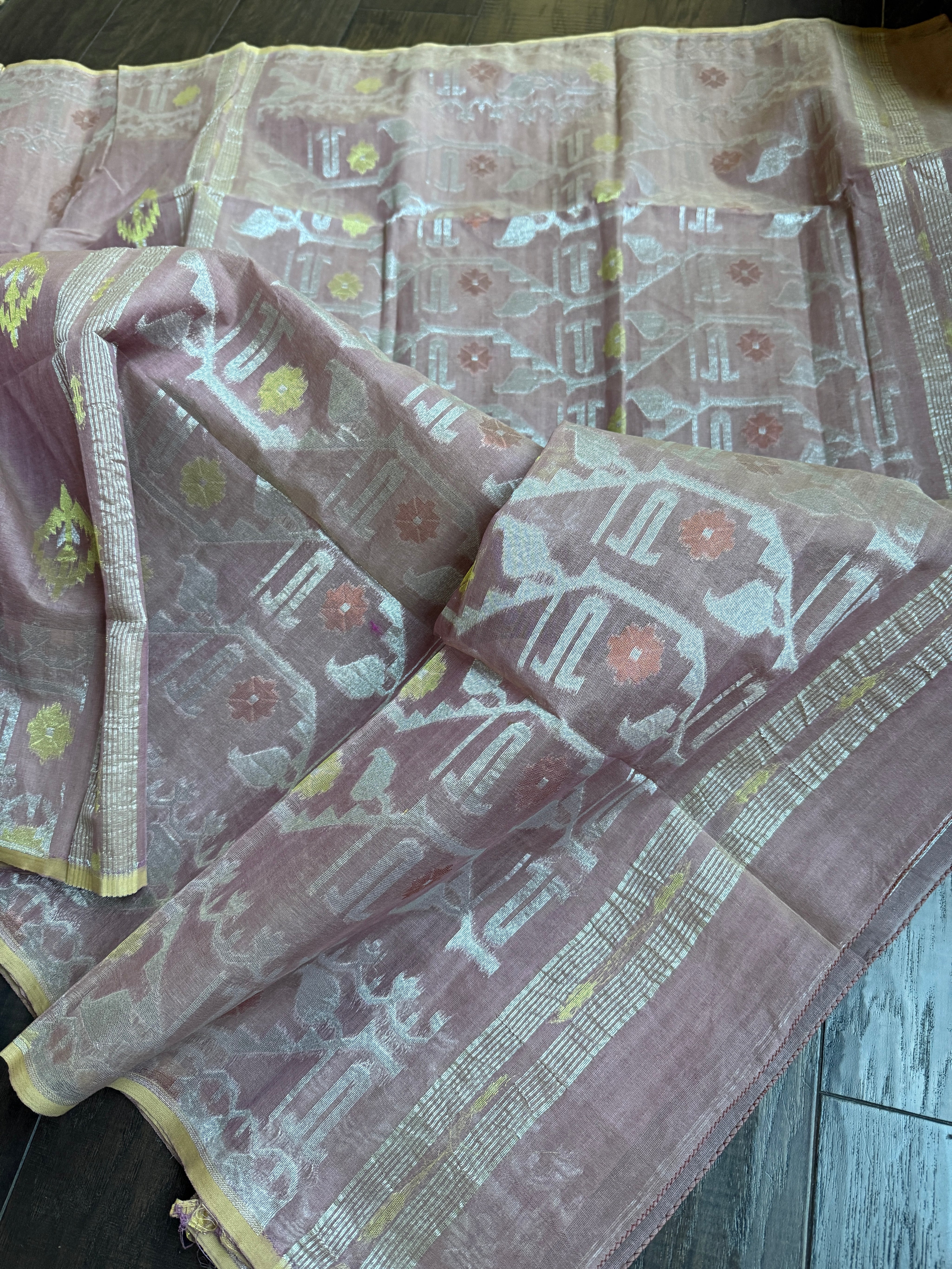 Dhakai Jamdani  - Dusty Pink Gold Silver Zari  Woven