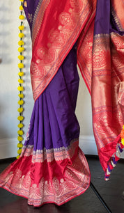 Pure Silk Katan Banarasi- Ourple Red Blue Kadhua