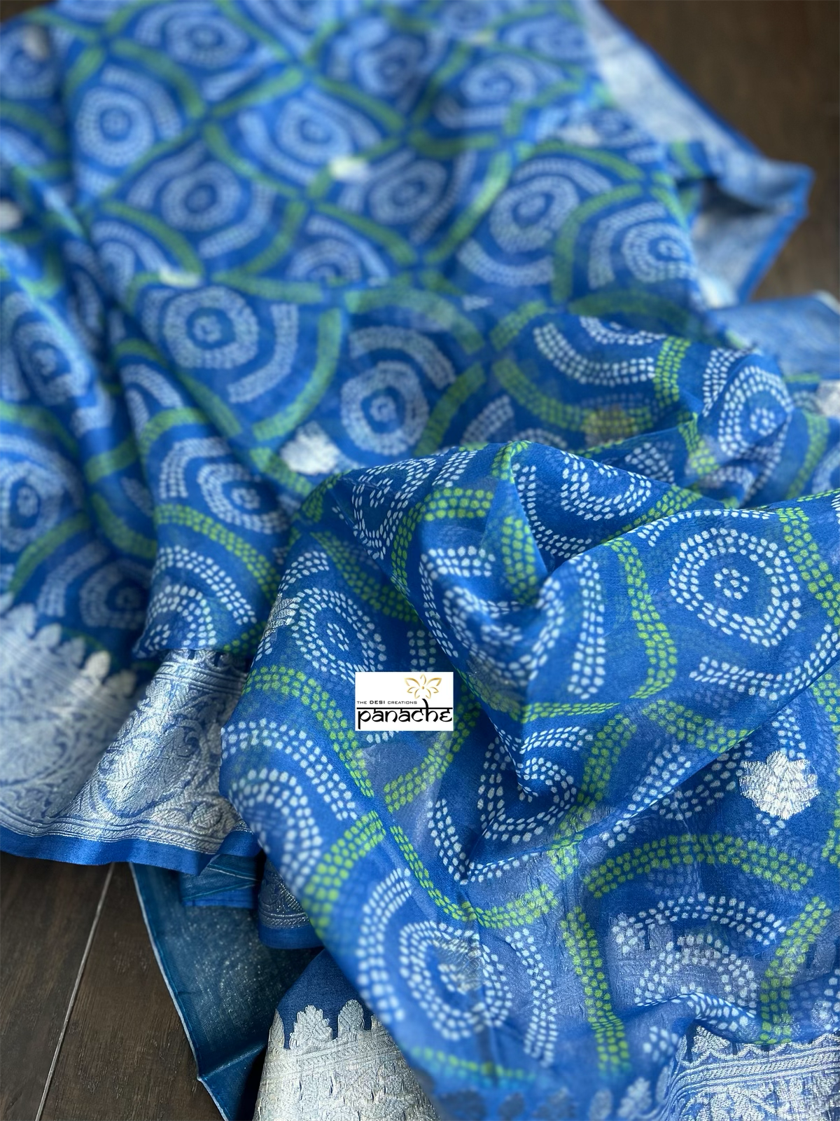 Khaddi Chiffon Banarasi - Blue Green Bandhej Printed