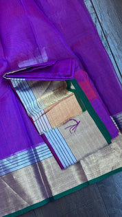 Pure Chanderi Organza Silk - Purple Green Lotus