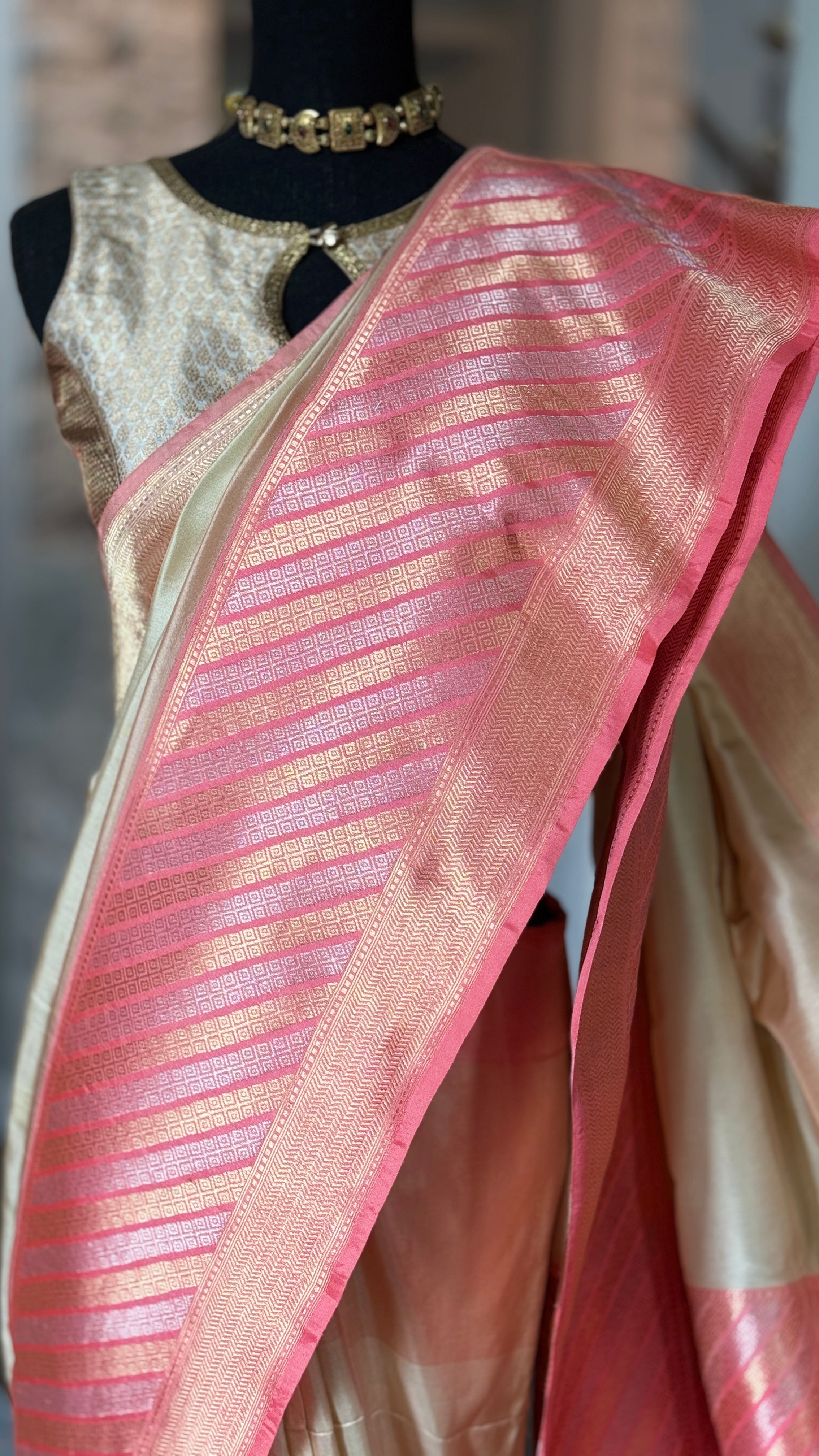Pure Katan Silk Benarasi - Ivory Pink Golden Silver Zari